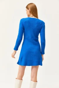Olalook Women's Saks Blue Crew Neck Skirt Flared Corduroy Dress - Image 5