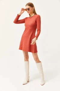 Olalook Women's Tile Crew Neck Skirt Flared Corduroy Dress - Image 2