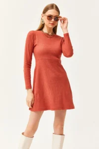 Olalook Women's Tile Crew Neck Skirt Flared Corduroy Dress - Image 3