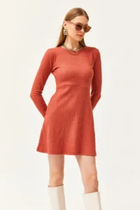 Olalook Women's Tile Crew Neck Skirt Flared Corduroy Dress - Image 4