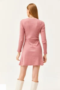 Olalook Women's Dusty Rose Crew Neck Skirt Flared Corduroy Dress - Image 2