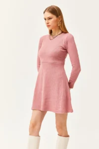 Olalook Women's Dusty Rose Crew Neck Skirt Flared Corduroy Dress - Image 4