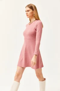 Olalook Women's Dusty Rose Crew Neck Skirt Flared Corduroy Dress - Image 5