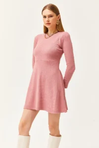 Olalook Women's Dusty Rose Crew Neck Skirt Flared Corduroy Dress - Image 6