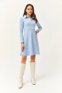 Olalook Women's Baby Blue Polo Collar Buttoned Mini Flared Dress - Image 2