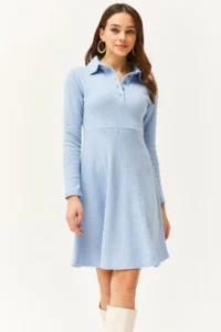 Olalook Women's Baby Blue Polo Collar Buttoned Mini Flared Dress - Image 3