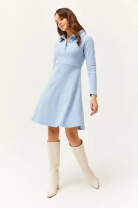 Olalook Women's Baby Blue Polo Collar Buttoned Mini Flared Dress - Image 4
