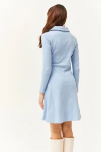 Olalook Women's Baby Blue Polo Collar Buttoned Mini Flared Dress - Image 5