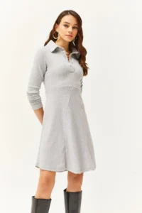 Olalook Women's Gray Polo Collar Buttoned Mini Flared Dress - Image 2