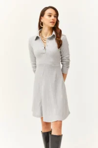Olalook Women's Gray Polo Collar Buttoned Mini Flared Dress - Image 3