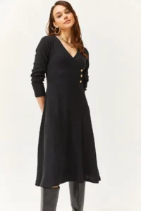 Olalook Women's Black Button Detailed Double Breasted Midi A-Line Dress - Image 2