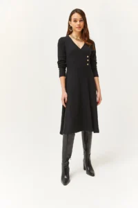 Olalook Women's Black Button Detailed Double Breasted Midi A-Line Dress - Image 4