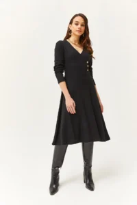 Olalook Women's Black Button Detailed Double Breasted Midi A-Line Dress - Image 5