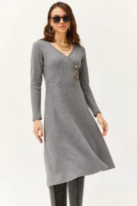 Olalook Women's Smoked Button Detailed Double Breasted Midi A-Line Dress