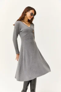 Olalook Women's Smoked Button Detailed Double Breasted Midi A-Line Dress - Image 2