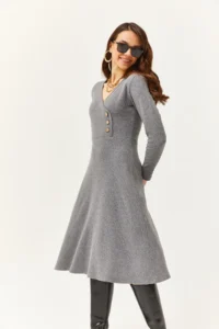 Olalook Women's Smoked Button Detailed Double Breasted Midi A-Line Dress - Image 3