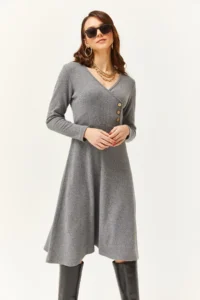 Olalook Women's Smoked Button Detailed Double Breasted Midi A-Line Dress - Image 4