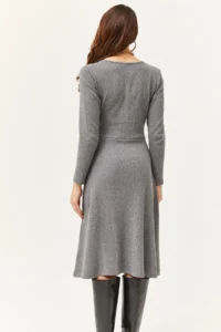Olalook Women's Smoked Button Detailed Double Breasted Midi A-Line Dress - Image 5