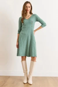 Olalook Women's Green Button Detailed Double Breasted Midi A-Line Dress
