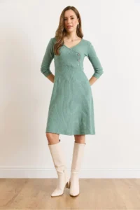 Olalook Women's Green Button Detailed Double Breasted Midi A-Line Dress - Image 2