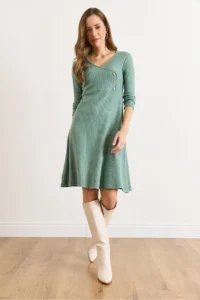 Olalook Women's Green Button Detailed Double Breasted Midi A-Line Dress - Image 3