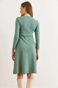 Olalook Women's Green Button Detailed Double Breasted Midi A-Line Dress - Image 4