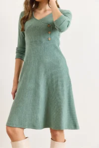 Olalook Women's Green Button Detailed Double Breasted Midi A-Line Dress - Image 5