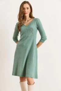 Olalook Women's Green Button Detailed Double Breasted Midi A-Line Dress - Image 6