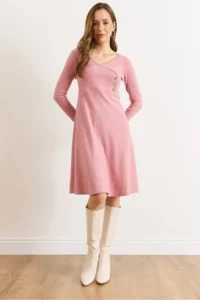 Olalook Women's Dusty Rose Button Detailed Double Breasted Midi A-Line Dress