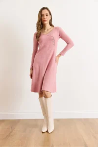 Olalook Women's Dusty Rose Button Detailed Double Breasted Midi A-Line Dress - Image 2
