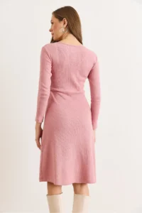 Olalook Women's Dusty Rose Button Detailed Double Breasted Midi A-Line Dress - Image 3