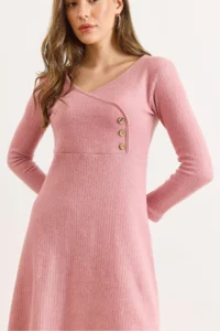Olalook Women's Dusty Rose Button Detailed Double Breasted Midi A-Line Dress - Image 4