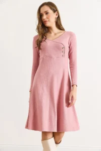 Olalook Women's Dusty Rose Button Detailed Double Breasted Midi A-Line Dress - Image 5