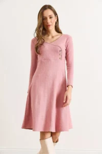 Olalook Women's Dusty Rose Button Detailed Double Breasted Midi A-Line Dress - Image 6