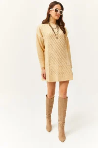 Olalook Women's Beige Block Braided Knitwear Tunic Dress