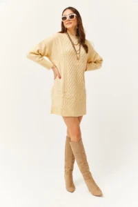 Olalook Women's Beige Block Braided Knitwear Tunic Dress - Image 2