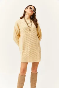 Olalook Women's Beige Block Braided Knitwear Tunic Dress - Image 3