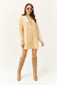 Olalook Women's Beige Block Braided Knitwear Tunic Dress - Image 4