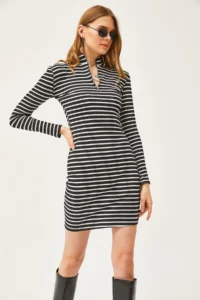 Olalook Women's Black and White Zippered Striped Mini Knitted Dress - Image 3