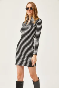 Olalook Women's Black and White Zippered Striped Mini Knitted Dress - Image 4