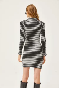 Olalook Women's Black and White Zippered Striped Mini Knitted Dress - Image 6