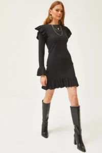 Olalook Women's Black Ruffle Detailed Ribbed Dress