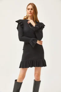 Olalook Women's Black Ruffle Detailed Ribbed Dress - Image 2