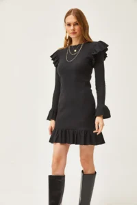 Olalook Women's Black Ruffle Detailed Ribbed Dress - Image 3