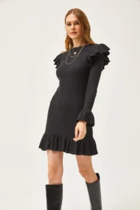 Olalook Women's Black Ruffle Detailed Ribbed Dress - Image 4