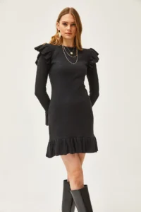 Olalook Women's Black Ruffle Detailed Ribbed Dress - Image 5