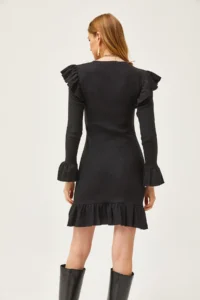 Olalook Women's Black Ruffle Detailed Ribbed Dress - Image 6
