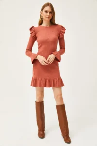 Olalook Women's Tile Ruffle Detailed Ribbed Dress - Image 2