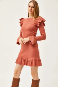 Olalook Women's Tile Ruffle Detailed Ribbed Dress - Image 4