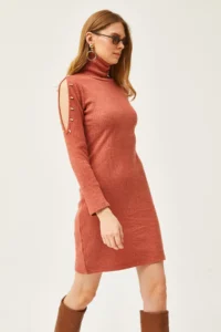 Olalook Women's Brick Shoulder Low-cut Beaded Detailed Fisherman Dress - Image 2